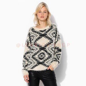 Dex 1963 Aztec Inspired Southwestern Sweater | Black & White Fuzzy Mohair Knit